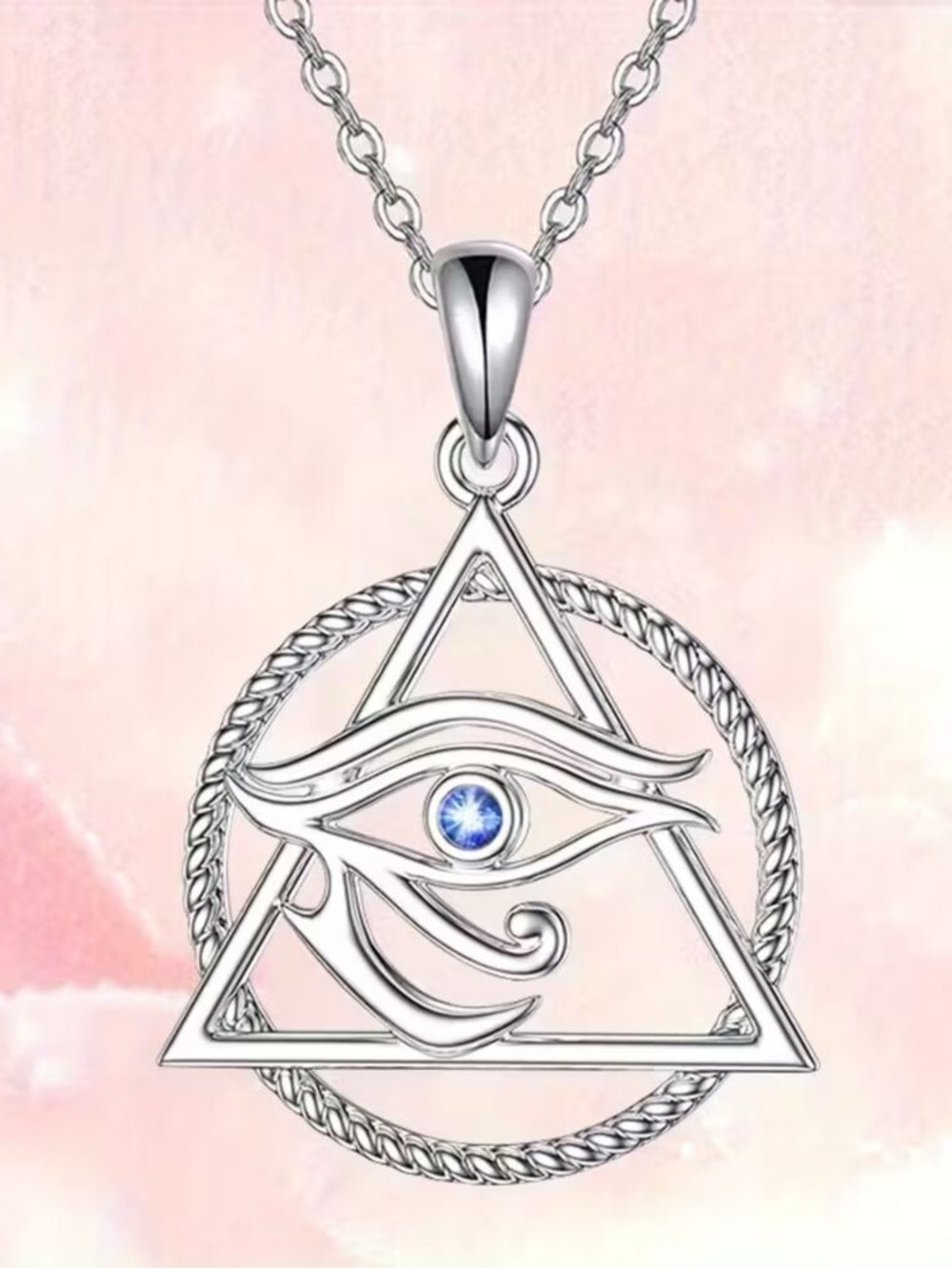 Silver Eye of Providence Pendant Necklace with Blue Stone